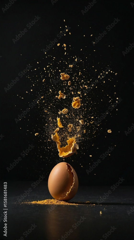 Fototapeta premium Brown Egg Yolk Breaking in Midair with Shell Fragments and Golden Dust Against Black Background