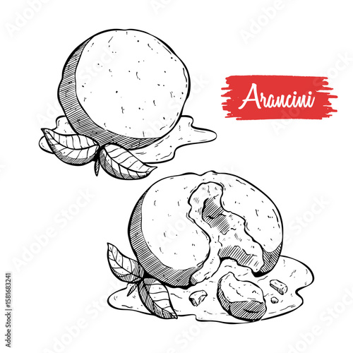 Arancini hand drawing, tasty rice ball vector illustration