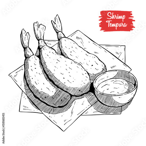 japanese shrimp tempura with hand drawing style on white background