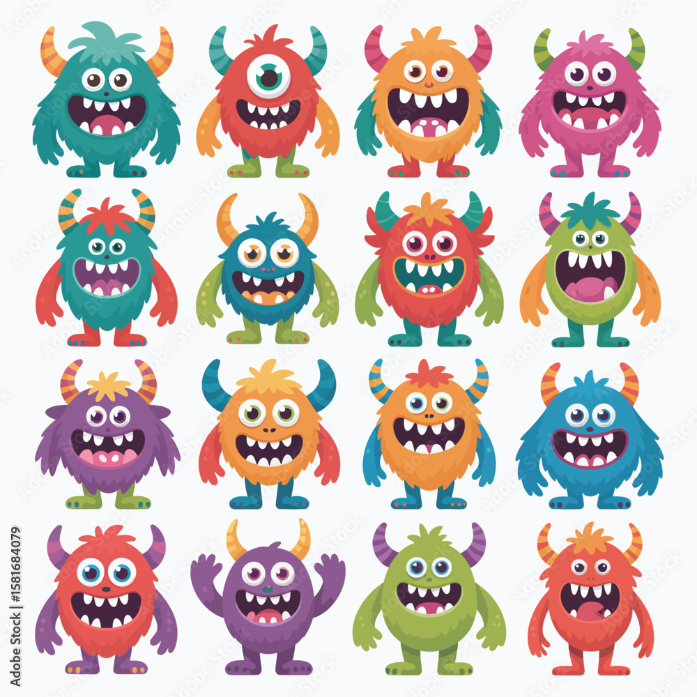 Naklejka premium Collection of sixteen colorful cartoon monsters with big eyes and teeth