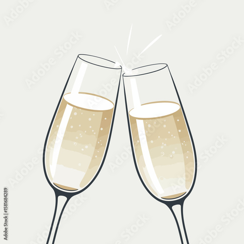 Two champagne flutes clinking together with sparkling bubbles and celebratory toast