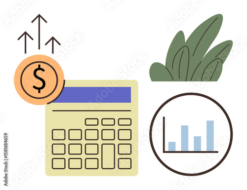 Calculator with bar chart and dollar sign depicting financial growth, arrows signifying upward progress. Ideal for finance, accounting, investment, analysis, success, strategy, and business concepts