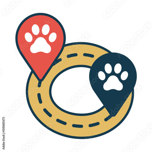 Two paw print location pins on a circular road path