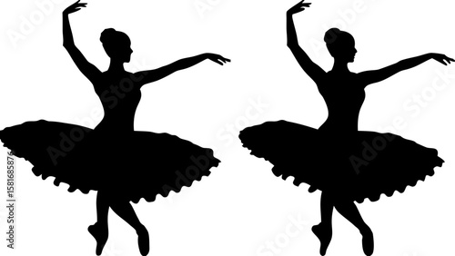 Two ballerina silhouettes in elegant poses with arms raised and tutu skirts against a white background