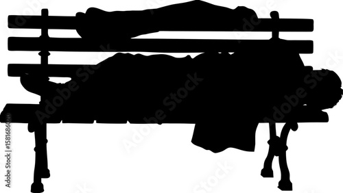 Silhouette of a person sleeping on a park bench with a blanket draped over them in the darkness of night