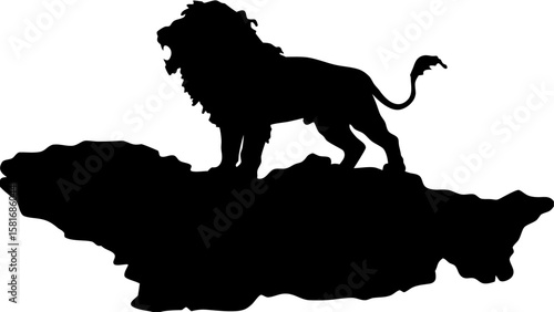 Silhouette of a roaring lion standing atop a dark, undefined landmass against a white background scene