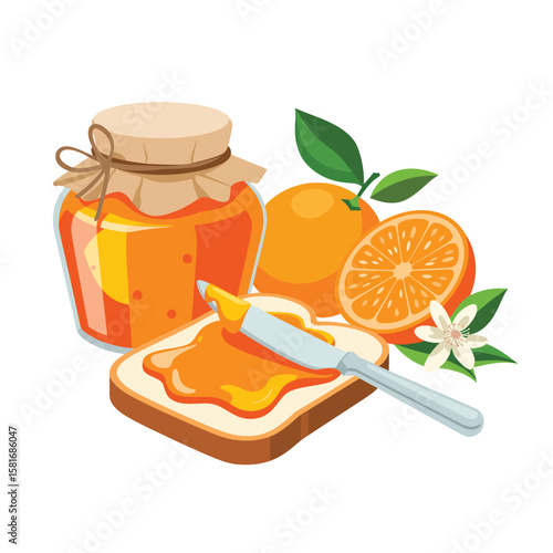 Jar of orange marmalade spread on toast with fresh oranges and a blossom