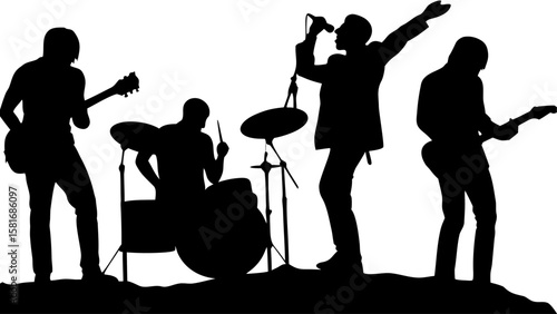 Silhouette of a band performing on stage with a singer drummer and two guitarists in black and white style