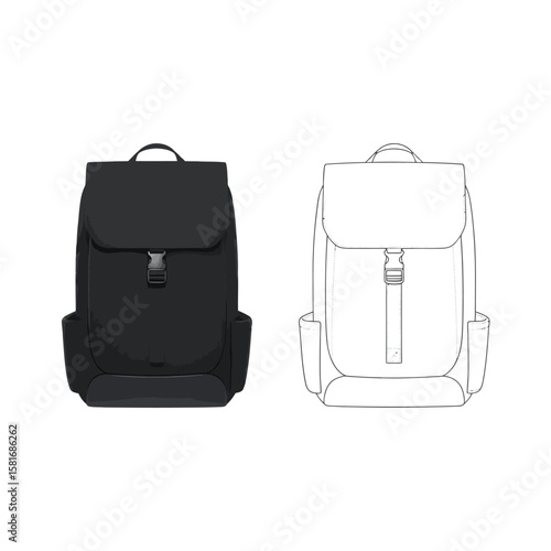 Modern black backpack and line art drawing on white background