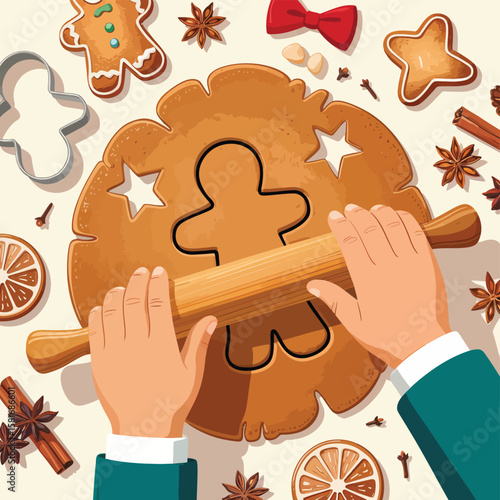 Hands rolling out gingerbread dough with cookie cutters and festive ingredients