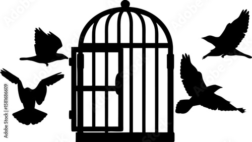 Silhouette of open birdcage with birds flying around it against a white plain background image view