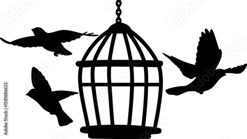 Silhouette illustration showing three birds flying around an empty hanging birdcage in black and white color