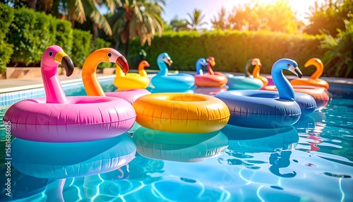 Colorful inflatable pool toys in a swimming pool