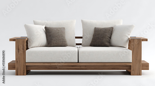 A wooden couch with two pillows on it