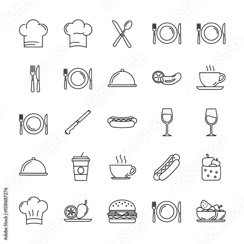 Various food and kitchen related icons arranged in a repeating pattern on transparent background , no background