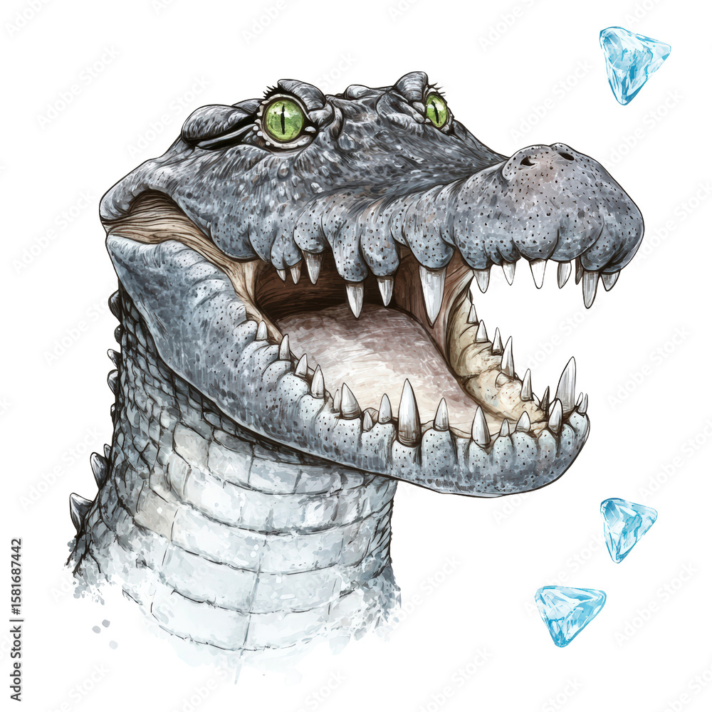 Obraz premium Illustration of a fierce crocodile with detailed scales and teeth opening mouth with floating diamonds