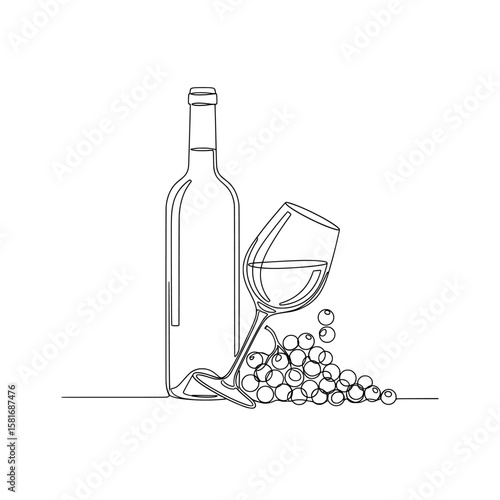 Single line drawing of wine bottle glass and grapes on a white surface on transparent background , no background