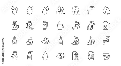 Collection of water and liquid related icons in outline style design on transparent background , no background