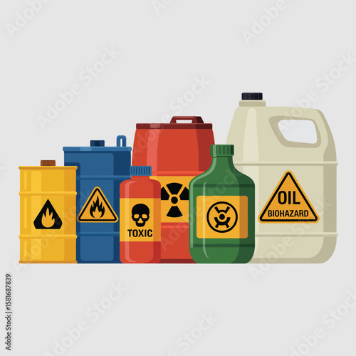 Collection of hazardous material containers with warning symbols and labels