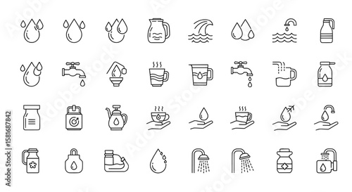A collection of water related icons including drops, taps, and containers on transparent background , no background