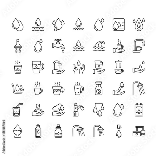 Collection of water and drink related icons in outline style on white on transparent background , no background