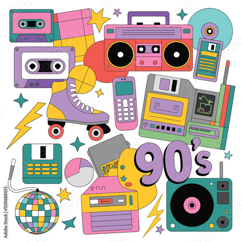 Vibrant 90s retro technology and pop culture collage with cassette tapes and boombox