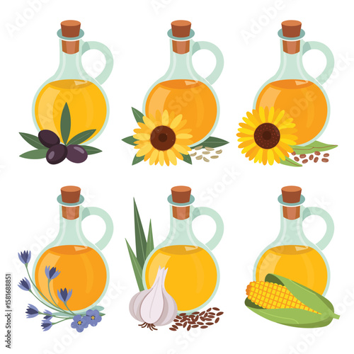 Set of six glass bottles filled with different cooking oils and ingredients