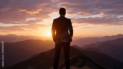 Businessman contemplating a serene mountain sunrise