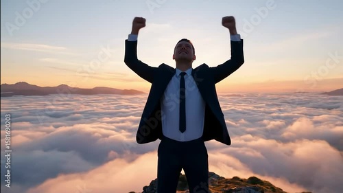 Businessman celebrating success on mountain top at sunset above clouds