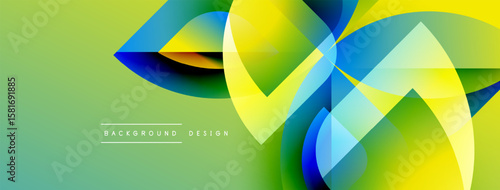 Abstract vibrant shapes overlap, creating dynamic composition. Green background enhances colorful design elements. Modern aesthetic.