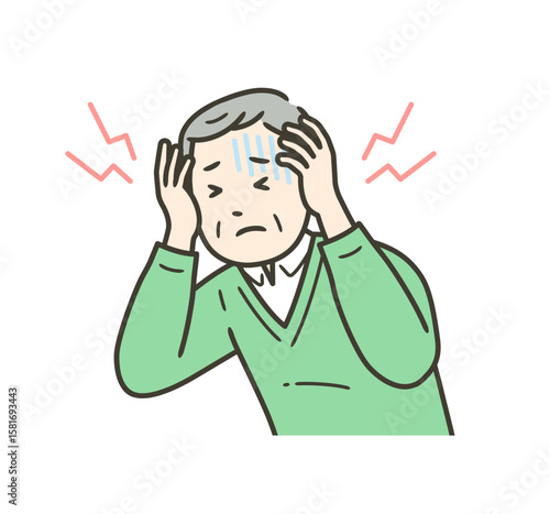 頭痛で頭を押さえて苦しむ高齢男性の上半身イラスト
