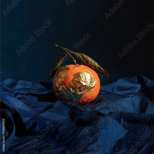 Tangerine with gilded peel on a blue background