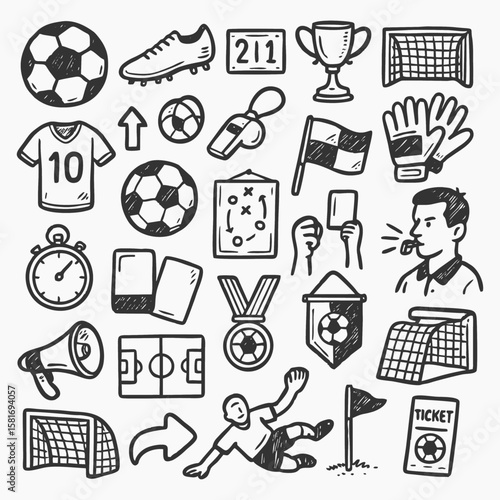 Detailed Hand-Drawn Doodle Style Soccer and Football Icons Collection: Featuring Players, Equipment, Referee Tools, and Game Elements