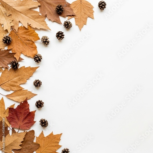 Fototapeta Naklejka Na Ścianę i Meble -  Autumn Leaves and Pine Cones on White Background fall 1