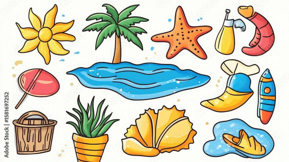Naklejka premium Summer Clipart Showcasing Beach Sun and Fun Representing Fun-filled Outdoor Activities Sunny Days and Beach Vacations for Summer Advertising Event Promotion and Travel Marketing