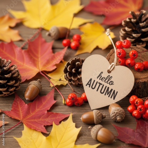 Autumn Leaves Pinecones Acorns Heart Tag Hello Autumn