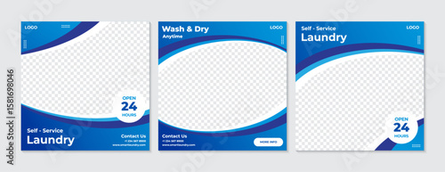 Social media post template for self-service laundry business. 24-hour coin laundry promotion layout with modern blue design