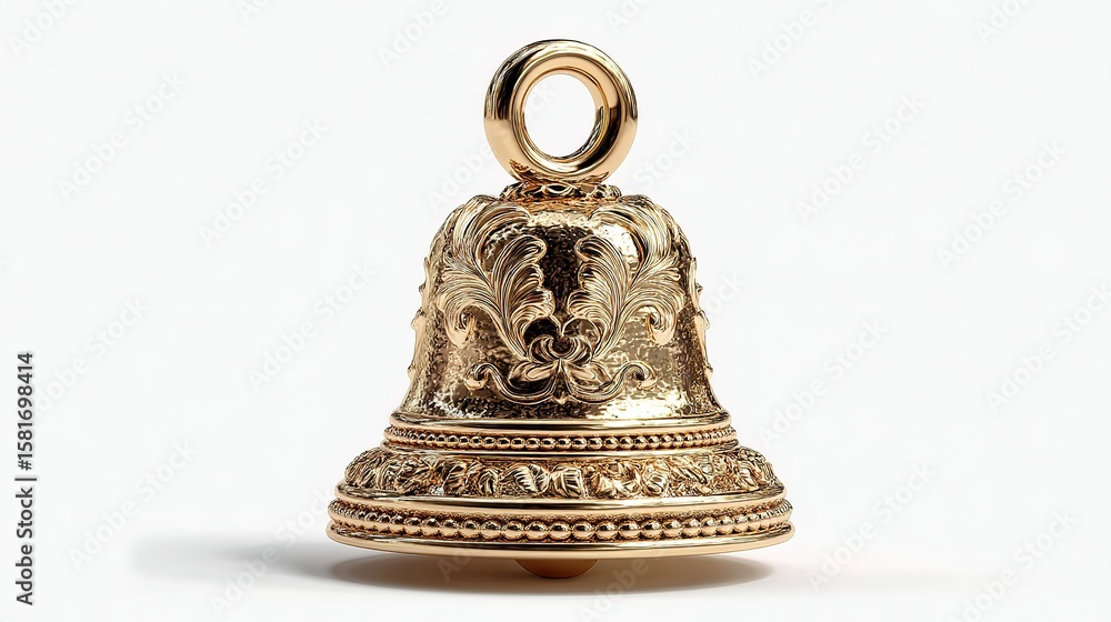 Minimal Style Single Bell Ornament Perspective View - White Background High Detail Golden Texture Christmas Holiday Design Decor Material Minimal Style Single Bell Ornament Perspective View - White Background High Detail Golden Texture Christmas Holiday Design Decor Material