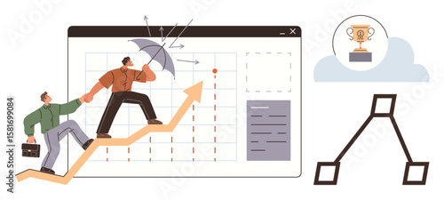 Two business professionals climbing an upward arrow chart, overcoming obstacles symbolized by arrows, with a trophy symbolizing success. Ideal for leadership, teamwork, strategy, motivation