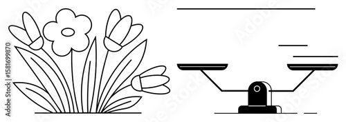 Flowers in a bouquet symbolize nature, beauty, and growth, paired with scales representing justice and balance. Ideal for harmony, equality, eco-awareness, growth, fairness mindfulness eco-justice