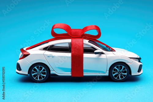 White toy car with a bright red ribbon
