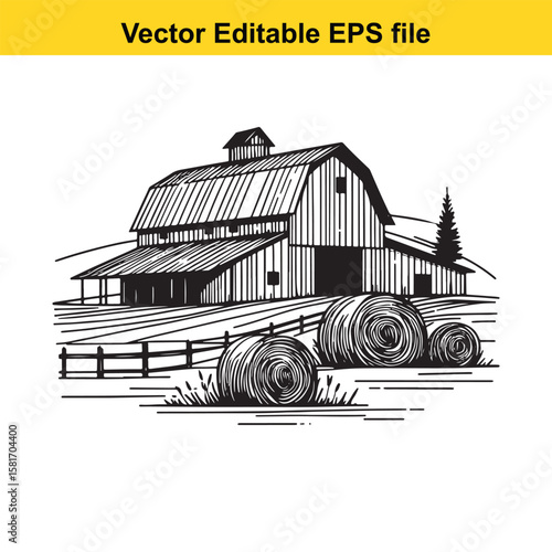 Farm barn with hay bales and a lone tree
