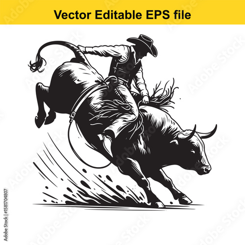Cowboy riding a bucking bull in silhouette