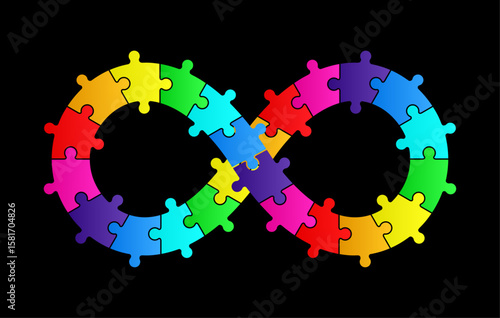 Infinity symbol colorful puzzle design. Vector isolated on a black background.	
