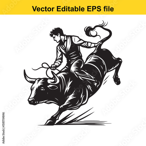 Cowboy riding a bucking bull in silhouette