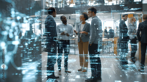 Multinational team having a discussion in office lobby, digital data overlays, diverse professionals and technology interface --ar 16:9