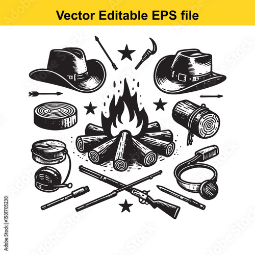 Cowboy hat and campfire with western elements