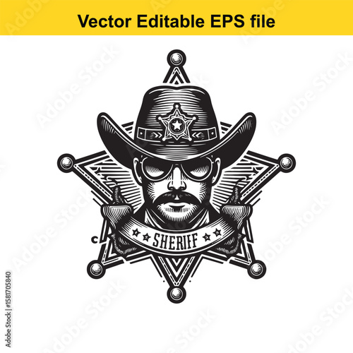 Sheriff portrait with badge and guns, western style