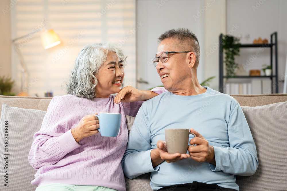 Smiling senior couple sitting comfortably together on sofa drinking cup of coffee, two serene elderly pensioners in their home enjoying a moment of peace Smiling senior couple sitting comfortably together on sofa drinking cup of coffee, two serene elderly pensioners in their home enjoying a moment of peace