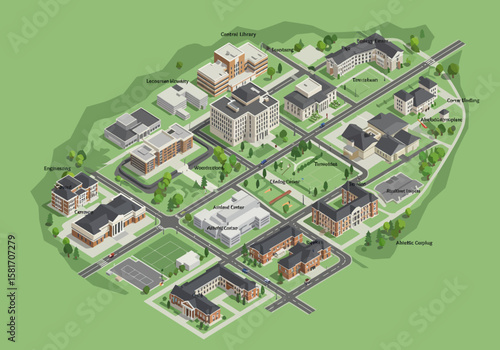 Detailed Campus Illustration Overhead View of University Buildings and Green Spaces with Pedestrian Paths